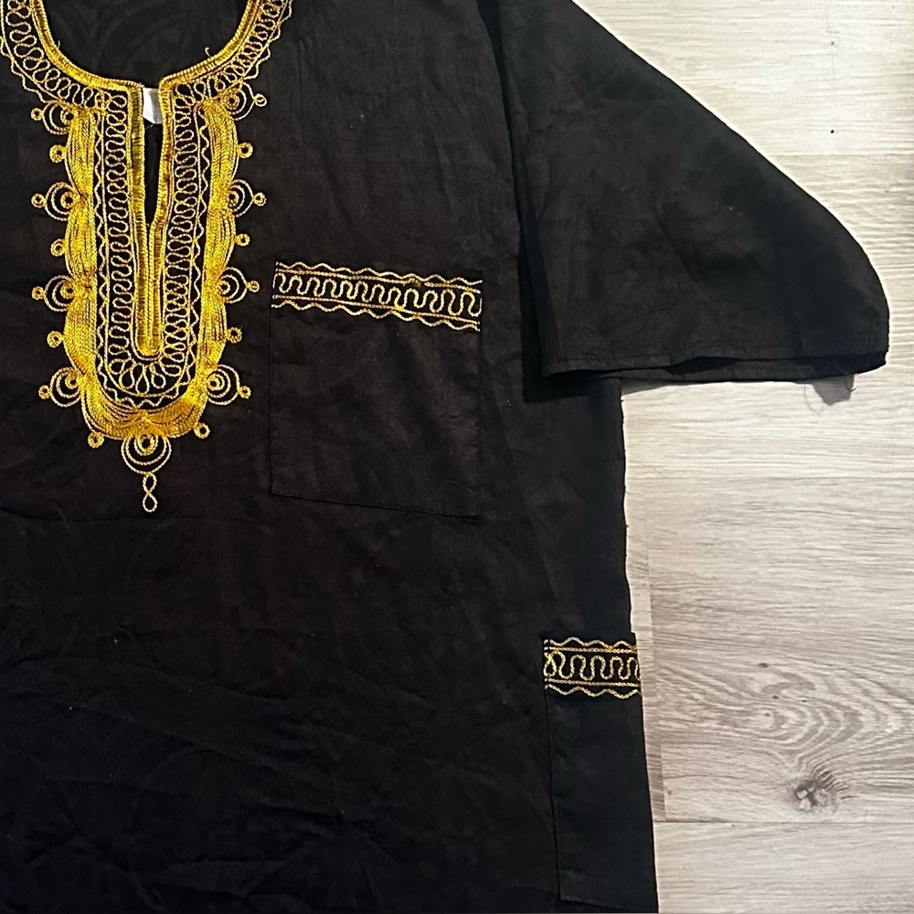 Men's Traditional African Dashiki Top Shirt and Kufi Hat Set Large Black Gold - Picture 8 of 14